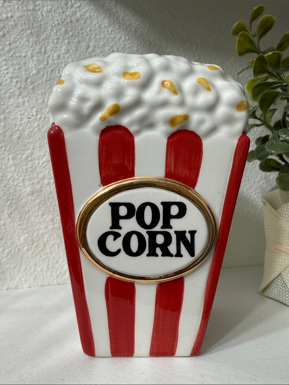 Popcorn Ceramic Treat Jar - Red & White Movie-Style Canister